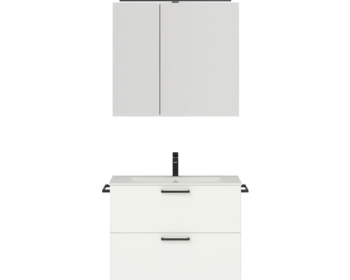 Badmöbel-Set NOBILIA Programm 2 BxHxT 81 x 169,1 x 48,7 cm Frontfarbe weiß matt mit Möbel-Waschtisch und Spiegelschrank 2-türig mit LED-Beleuchtung Griff schwarz 216 Waschtisch mit zwei Schubladen, Waschbecken und Spiegelschrank für das Badezimmer