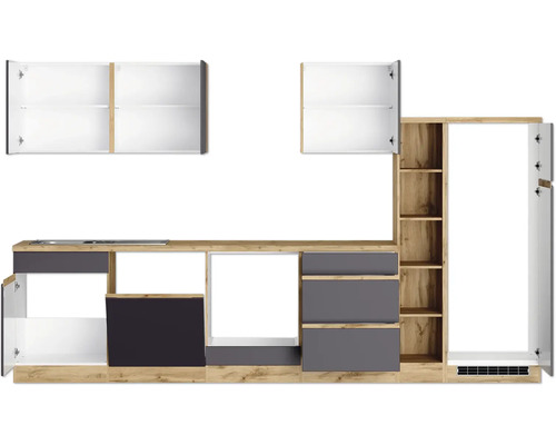 Küchenzeile mit Hängeschränken, Unterschränken, Schubladen und Regalen