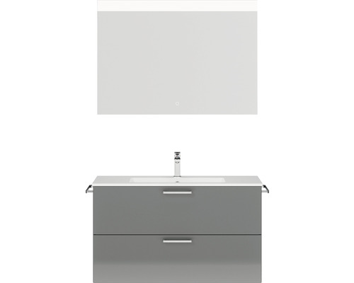Badmöbel-Set NOBILIA Programm 2 BxHxT 101 x 169,1 x 48,7 cm Frontfarbe grau hochglanz Badmöbelset 2-teilig mit Waschtisch Mineralmarmor weiß und Waschtischunterschrank Mineralguss-Waschtisch Spiegel mit LED-Beleuchtung