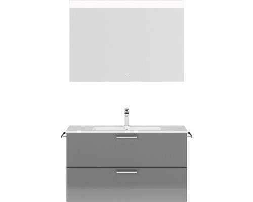 Badmöbel-Set NOBILIA Programm 2 BxHxT 101 x 169,1 x 48,7 cm Frontfarbe grau hochglanz mit Möbel-Waschtisch weiß und Spiegel mit LED-Beleuchtung Griff chrom matt 253 Badezimmermöbel-Set mit Waschtischunterschrank, Waschbecken und Spiegel