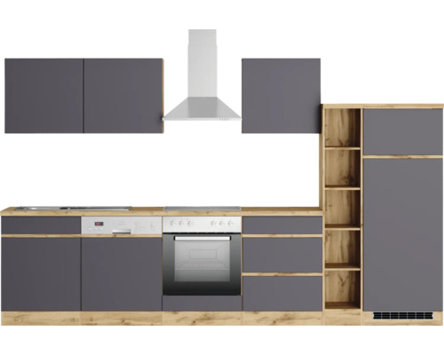 Komplette Küchenzeile mit Spüle, Herd, Backofen, Geschirrspüler, Dunstabzugshaube, Hängeschränken und Einbauschrank