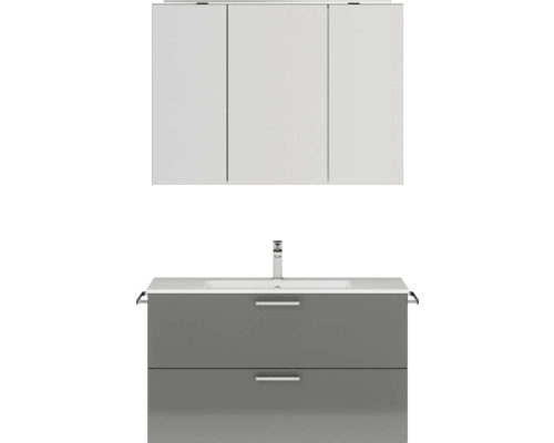 Badmöbel-Set NOBILIA Programm 2 BxHxT 101 x 169,1 x 48,7 cm Frontfarbe grau hochglanz mit Möbel-Waschtisch und Spiegelschrank 3-türig mit LED-Beleuchtung Griff chrom matt 261 Badmöbel-Set NOBILIA Programm 2 BxHxT 101 x 169,1 x 48,7 cm Frontfarbe grau hochglanz mit Möbel-Waschtisch und Spiegelschrank 3-türig mit LED-Beleuchtung Griff chrom matt 261