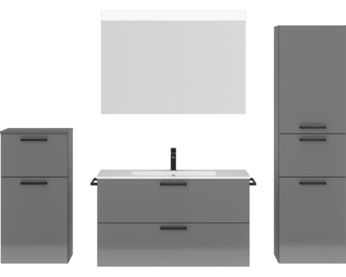 Badmöbel-Set NOBILIA Programm 2 BxHxT 210 x 169,1 x 48,7 cm Frontfarbe grau hochglanz mit Möbel-Waschtisch weiß und Spiegel mit LED-Beleuchtung Midischrank Unterschrank Griff schwarz 268 Badmöbel-Set NOBILIA Programm 2 BxHxT 210 x 169,1 x 48,7 cm Frontfarbe grau hochglanz mit Möbel-Waschtisch weiß und Spiegel mit LED-Beleuchtung Midischrank Unterschrank Griff schwarz 268