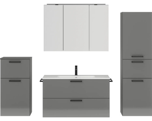 Badmöbel-Set NOBILIA Programm 2 BxHxT 210 x 169,1 x 48,7 cm Frontfarbe grau hochglanz mit Möbel-Waschtisch und Spiegelschrank 3-türig mit LED-Beleuchtung Unterschrank Midischrank Griff schwarz 276 Badmöbel-Set NOBILIA Programm 2 BxHxT 210 x 169,1 x 48,7 cm Frontfarbe grau hochglanz mit Möbel-Waschtisch und Spiegelschrank 3-türig mit LED-Beleuchtung Unterschrank Midischrank Griff schwarz 276