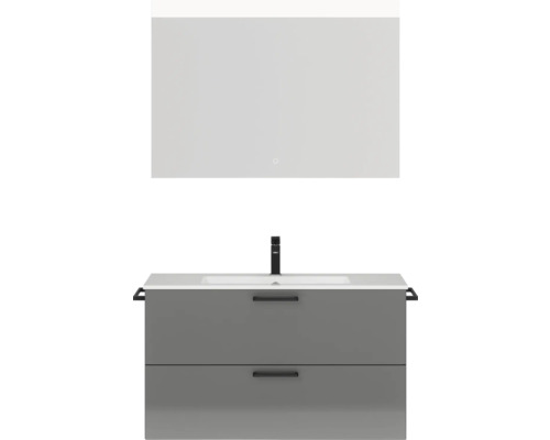 Badmöbel-Set NOBILIA Programm 2 BxHxT 101 x 169,1 x 48,7 cm Frontfarbe grau hochglanz mit Möbel-Waschtisch weiß und Spiegel mit LED-Beleuchtung Griff schwarz 252