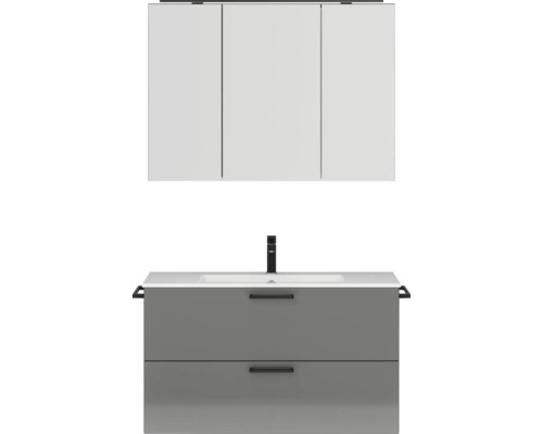 Badmöbel-Set NOBILIA Programm 2 BxHxT 101 x 169,1 x 48,7 cm Frontfarbe grau hochglanz mit Möbel-Waschtisch und Spiegelschrank 3-türig mit LED-Beleuchtung Griff schwarz 260 Badmöbel-Set NOBILIA Programm 2 BxHxT 101 x 169,1 x 48,7 cm Frontfarbe grau hochglanz mit Möbel-Waschtisch und Spiegelschrank 3-türig mit LED-Beleuchtung Griff schwarz 260