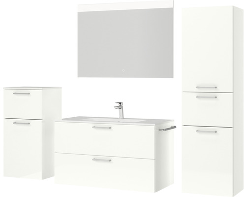 Badezimmermöbelset mit Waschtischunterschrank, Waschbecken, Spiegelschrank und Hochschrank für ein stilvolles Badezimmer