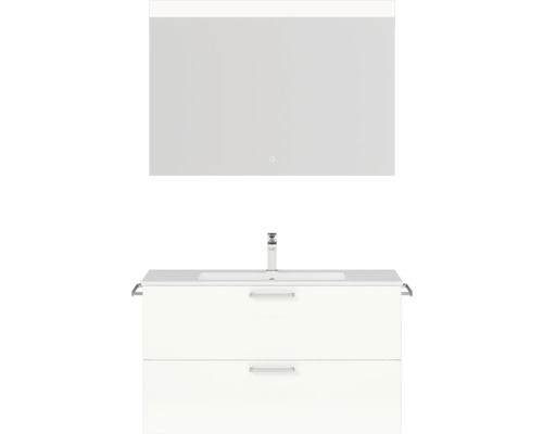 Badmöbel-Set NOBILIA Programm 2 BxHxT 101 x 169,1 x 48,7 cm Frontfarbe weiß hochglanz mit Möbel-Waschtisch weiß und Spiegel mit LED-Beleuchtung Griff chrom matt 251