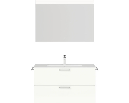 Badmöbel-Set NOBILIA Programm 2 BxHxT 101 x 169,1 x 48,7 cm Frontfarbe weiß hochglanz mit Möbel-Waschtisch weiß und Spiegel mit LED-Beleuchtung Griff chrom matt 251 Waschtischkombination mit Unterschrank, Waschbecken und Spiegel