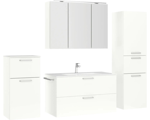 Weißes Badezimmermöbelset mit Waschtisch, Spiegelschrank und Hochschränken