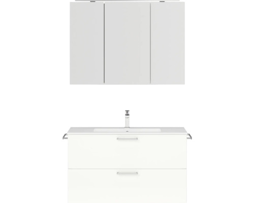 Badmöbel-Set NOBILIA Programm 2 BxHxT 101 x 169,1 x 48,7 cm Frontfarbe weiß hochglanz mit Möbel-Waschtisch und Spiegelschrank 3-türig mit LED-Beleuchtung Griff chrom matt 259 Badmöbel-Set NOBILIA Programm 2 BxHxT 101 x 169,1 x 48,7 cm Frontfarbe weiß hochglanz mit Möbel-Waschtisch und Spiegelschrank 3-türig mit LED-Beleuchtung Griff chrom matt 259