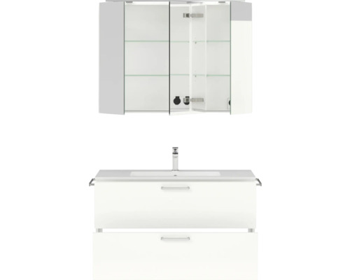 Waschtisch mit Waschbeckenunterschrank und Spiegelschrank für das Badezimmer.