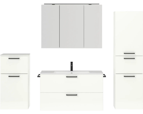 Badmöbel-Set NOBILIA Programm 2 BxHxT 210 x 169,1 x 48,7 cm Frontfarbe weiß hochglanz mit Möbel-Waschtisch und Spiegelschrank 3-türig mit LED-Beleuchtung Unterschrank Midischrank Griff schwarz 274 Badmöbel-Set NOBILIA Programm 2 BxHxT 210 x 169,1 x 48,7 cm Frontfarbe weiß hochglanz mit Möbel-Waschtisch und Spiegelschrank 3-türig mit LED-Beleuchtung Unterschrank Midischrank Griff schwarz 274