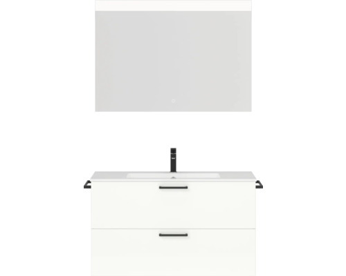 Badmöbel-Set NOBILIA Programm 2 BxHxT 101 x 169,1 x 48,7 cm Frontfarbe weiß hochglanz mit Möbel-Waschtisch weiß und Spiegel mit LED-Beleuchtung Griff schwarz 250