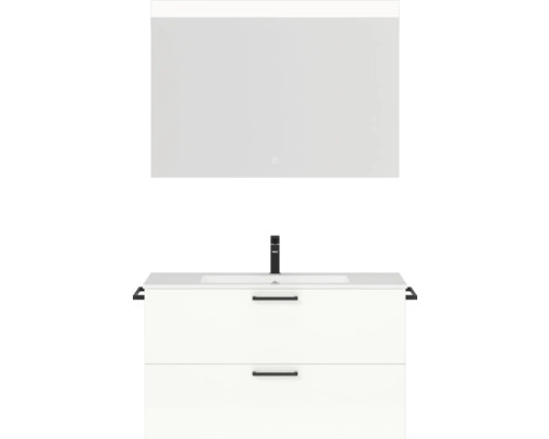 Badmöbel-Set NOBILIA Programm 2 BxHxT 101 x 169,1 x 48,7 cm Frontfarbe weiß hochglanz mit Möbel-Waschtisch weiß und Spiegel mit LED-Beleuchtung Griff schwarz 250 Waschtisch mit Unterschrank und beleuchtetem Spiegel für Badezimmer