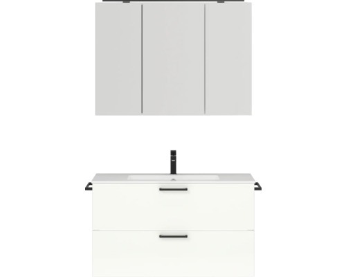Badmöbel-Set NOBILIA Programm 2 BxHxT 101 x 169,1 x 48,7 cm Frontfarbe weiß hochglanz mit Möbel-Waschtisch und Spiegelschrank 3-türig mit LED-Beleuchtung Griff schwarz 258 Badmöbel-Set NOBILIA Programm 2 BxHxT 101 x 169,1 x 48,7 cm Frontfarbe weiß hochglanz mit Möbel-Waschtisch und Spiegelschrank 3-türig mit LED-Beleuchtung Griff schwarz 258
