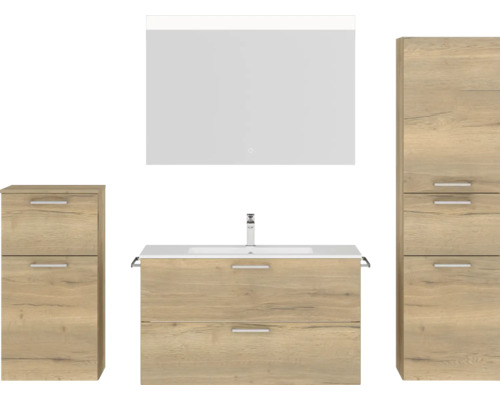 Badmöbel-Set NOBILIA Programm 2 BxHxT 210 x 169,1 x 48,7 cm Frontfarbe eiche natur mit Möbel-Waschtisch weiß und Spiegel mit LED-Beleuchtung Midischrank Unterschrank Griff chrom matt 271 Badmöbel-Set NOBILIA Programm 2 BxHxT 210 x 169,1 x 48,7 cm Frontfarbe eiche natur mit Möbel-Waschtisch weiß und Spiegel mit LED-Beleuchtung Midischrank Unterschrank Griff chrom matt 271