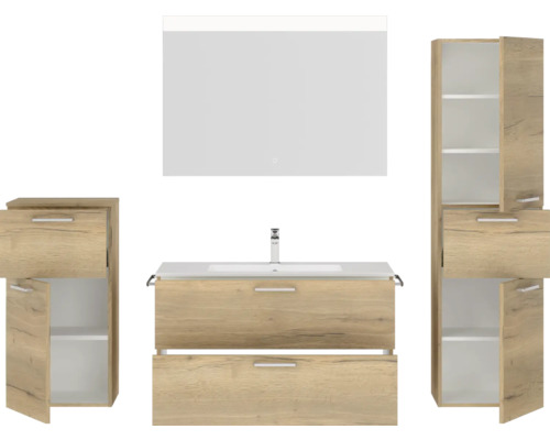 Komplettes Badezimmerset mit Waschbeckenunterschrank, Spiegelschrank und Hochschränken für das Badezimmer