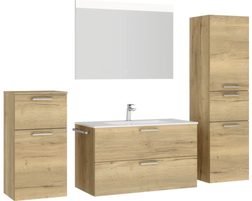 Badezimmerset mit Waschtischunterschrank, Spiegelschrank und Hochschrank im Holzdekor