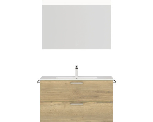 Badmöbel-Set NOBILIA Programm 2 BxHxT 101 x 169,1 x 48,7 cm Frontfarbe eiche natur mit Möbel-Waschtisch weiß und Spiegel mit LED-Beleuchtung Griff chrom matt 255 Waschtischkombination mit Spiegel und zwei Schubladen