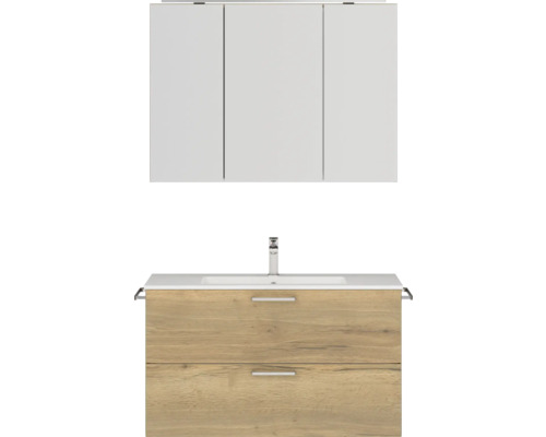 Badmöbel-Set NOBILIA Programm 2 BxHxT 101 x 169,1 x 48,7 cm Frontfarbe eiche natur mit Möbel-Waschtisch und Spiegelschrank 3-türig mit LED-Beleuchtung Griff chrom matt 263 Badmöbel-Set NOBILIA Programm 2 BxHxT 101 x 169,1 x 48,7 cm Frontfarbe eiche natur mit Möbel-Waschtisch und Spiegelschrank 3-türig mit LED-Beleuchtung Griff chrom matt 263
