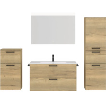 Badmöbel-Set NOBILIA Programm 2 BxHxT 210 x 169,1 x 48,7 cm Frontfarbe eiche natur mit Möbel-Waschtisch weiß und Spiegel mit LED-Beleuchtung Midischrank Unterschrank Griff schwarz 270