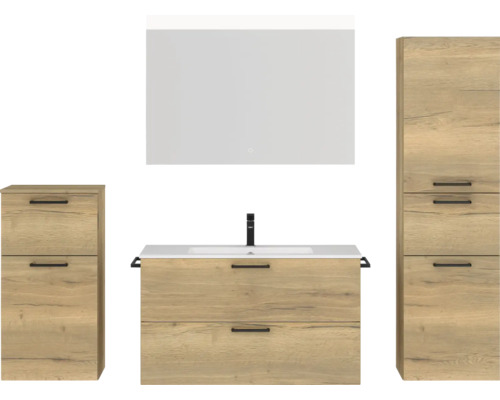 Badmöbel-Set NOBILIA Programm 2 BxHxT 210 x 169,1 x 48,7 cm Frontfarbe eiche natur mit Möbel-Waschtisch weiß und Spiegel mit LED-Beleuchtung Midischrank Unterschrank Griff schwarz 270 Badmöbel-Set NOBILIA Programm 2 BxHxT 210 x 169,1 x 48,7 cm Frontfarbe eiche natur mit Möbel-Waschtisch weiß und Spiegel mit LED-Beleuchtung Midischrank Unterschrank Griff schwarz 270