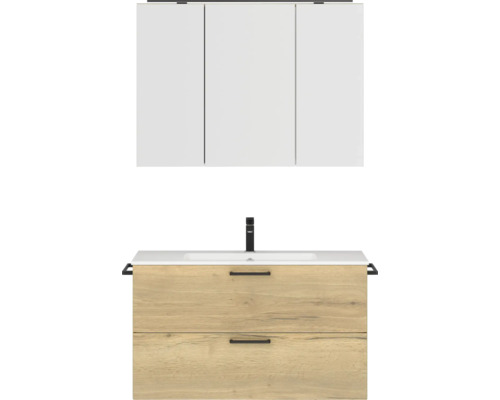 Badmöbel-Set NOBILIA Programm 2 BxHxT 101 x 169,1 x 48,7 cm Frontfarbe eiche natur mit Möbel-Waschtisch und Spiegelschrank 3-türig mit LED-Beleuchtung Griff schwarz 262 Badmöbel-Set NOBILIA Programm 2 BxHxT 101 x 169,1 x 48,7 cm Frontfarbe eiche natur mit Möbel-Waschtisch und Spiegelschrank 3-türig mit LED-Beleuchtung Griff schwarz 262