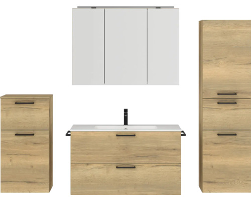 Badmöbel-Set NOBILIA Programm 2 BxHxT 210 x 169,1 x 48,7 cm Frontfarbe eiche natur mit Möbel-Waschtisch und Spiegelschrank 3-türig mit LED-Beleuchtung Unterschrank Midischrank Griff schwarz 278 Badmöbel-Set NOBILIA Programm 2 BxHxT 210 x 169,1 x 48,7 cm Frontfarbe eiche natur mit Möbel-Waschtisch und Spiegelschrank 3-türig mit LED-Beleuchtung Unterschrank Midischrank Griff schwarz 278