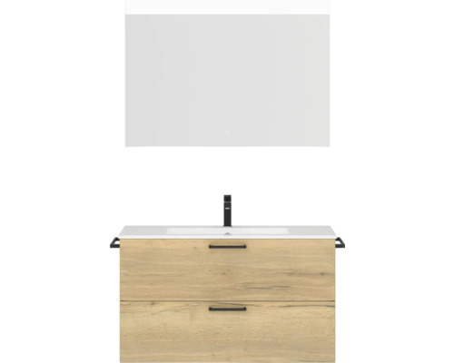 Badmöbel-Set NOBILIA Programm 2 BxHxT 101 x 169,1 x 48,7 cm Frontfarbe eiche natur mit Möbel-Waschtisch weiß und Spiegel mit LED-Beleuchtung Griff schwarz 254 Waschtisch mit Waschbecken und Spiegel zur Wandmontage