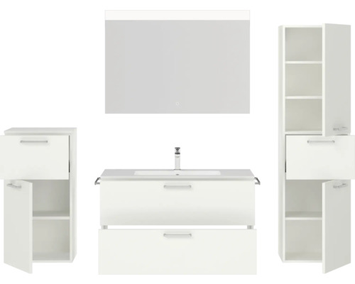 Badezimmer-Set mit Waschtisch, Spiegelschrank und Hochschränken