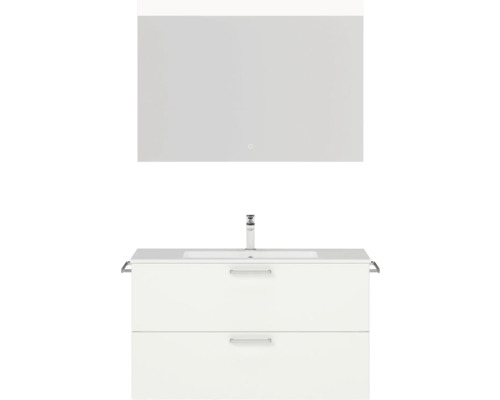 Badmöbel-Set NOBILIA Programm 2 BxHxT 101 x 169,1 x 48,7 cm Frontfarbe weiß matt mit Möbel-Waschtisch weiß und Spiegel mit LED-Beleuchtung Griff chrom matt 249