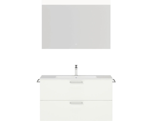 Badmöbel-Set NOBILIA Programm 2 BxHxT 101 x 169,1 x 48,7 cm Frontfarbe weiß matt mit Möbel-Waschtisch weiß und Spiegel mit LED-Beleuchtung Griff chrom matt 249 Waschtisch mit zwei Schubladen, Waschbecken, Armatur und rechteckigem Spiegel