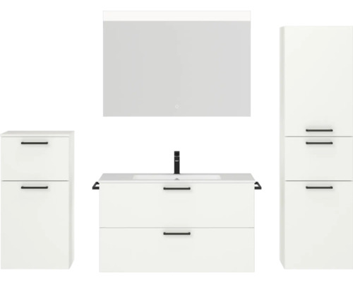 Badmöbel-Set NOBILIA Programm 2 BxHxT 210 x 169,1 x 48,7 cm Frontfarbe weiß matt mit Möbel-Waschtisch weiß und Spiegel mit LED-Beleuchtung Midischrank Unterschrank Griff schwarz 264 Badmöbel-Set NOBILIA Programm 2 BxHxT 210 x 169,1 x 48,7 cm Frontfarbe weiß matt mit Möbel-Waschtisch weiß und Spiegel mit LED-Beleuchtung Midischrank Unterschrank Griff schwarz 264