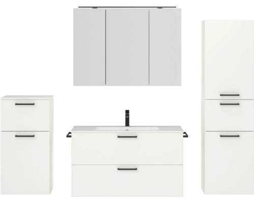 Badmöbel-Set NOBILIA Programm 2 BxHxT 210 x 169,1 x 48,7 cm Frontfarbe weiß matt mit Möbel-Waschtisch und Spiegelschrank 3-türig mit LED-Beleuchtung Unterschrank Midischrank Griff schwarz 272 Badmöbel-Set NOBILIA Programm 2 BxHxT 210 x 169,1 x 48,7 cm Frontfarbe weiß matt mit Möbel-Waschtisch und Spiegelschrank 3-türig mit LED-Beleuchtung Unterschrank Midischrank Griff schwarz 272