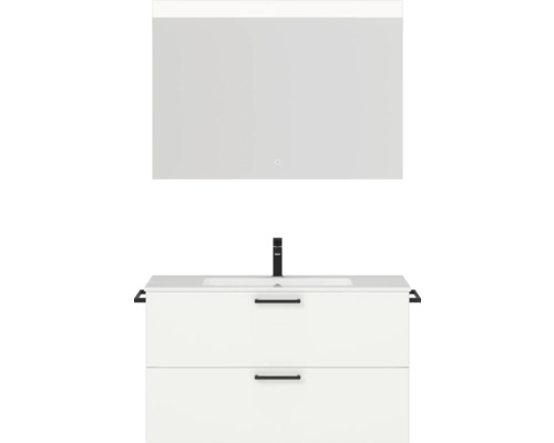 Badmöbel-Set NOBILIA Programm 2 BxHxT 101 x 169,1 x 48,7 cm Frontfarbe weiß matt mit Möbel-Waschtisch weiß und Spiegel mit LED-Beleuchtung Griff schwarz 248 Waschtischkombination mit Spiegel und zwei Schubladen