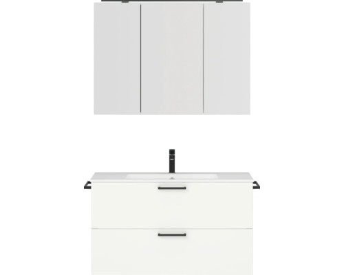 Badmöbel-Set NOBILIA Programm 2 BxHxT 101 x 169,1 x 48,7 cm Frontfarbe weiß matt mit Möbel-Waschtisch und Spiegelschrank 3-türig mit LED-Beleuchtung Griff schwarz 256 Badmöbel-Set NOBILIA Programm 2 BxHxT 101 x 169,1 x 48,7 cm Frontfarbe weiß matt mit Möbel-Waschtisch und Spiegelschrank 3-türig mit LED-Beleuchtung Griff schwarz 256