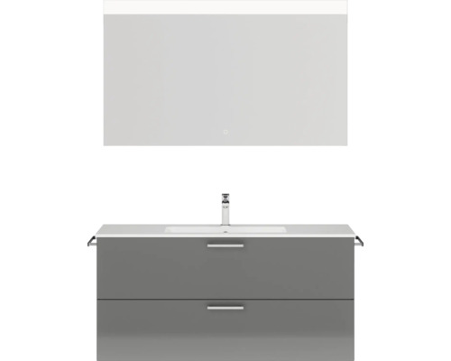 Badmöbel-Set NOBILIA Programm 2 BxHxT 121 x 169,1 x 48,7 cm Frontfarbe grau hochglanz mit Möbel-Waschtisch weiß und Spiegel mit LED-Beleuchtung Griff chrom matt 293