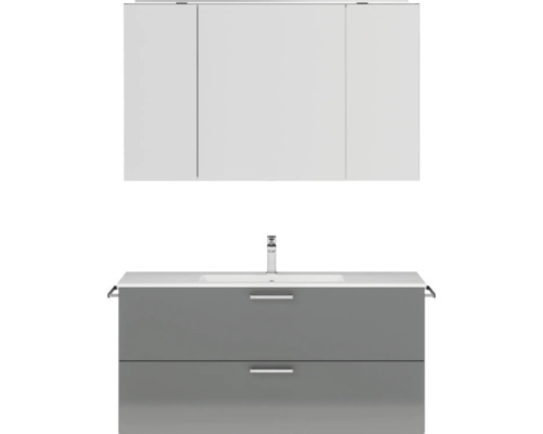 Badmöbel-Set NOBILIA Programm 2 BxHxT 121 x 169,1 x 48,7 cm Frontfarbe grau hochglanz mit Möbel-Waschtisch und Spiegelschrank 3-türig mit LED-Beleuchtung Griff chrom matt 301 Badezimmermöbel Set mit Waschtisch, Waschbecken und Spiegelschrank