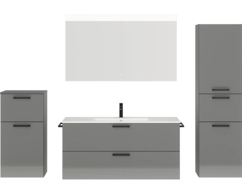Badmöbel-Set NOBILIA Programm 2 BxHxT 230 x 169,1 x 48,7 cm Frontfarbe grau hochglanz mit Möbel-Waschtisch weiß und Spiegel mit LED-Beleuchtung Midischrank Unterschrank Griff schwarz 308 Graues Badezimmerset mit Waschtisch, Spiegelschrank und Hochschränken