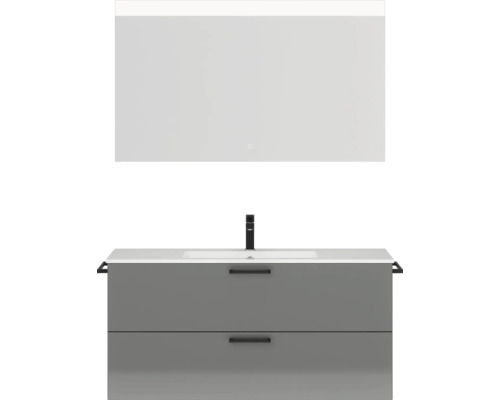 Badmöbel-Set NOBILIA Programm 2 BxHxT 121 x 169,1 x 48,7 cm Frontfarbe grau hochglanz Badmöbelset 2-teilig mit Waschtisch Mineralmarmor weiß und Waschtischunterschrank Mineralguss-Waschtisch Spiegel mit LED-Beleuchtung