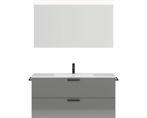 Badmöbel-Set NOBILIA Programm 2 BxHxT 121 x 169,1 x 48,7 cm Frontfarbe grau hochglanz mit Möbel-Waschtisch weiß und Spiegel mit LED-Beleuchtung Griff schwarz 292 Waschtisch mit Unterschrank und Spiegel für das Badezimmer