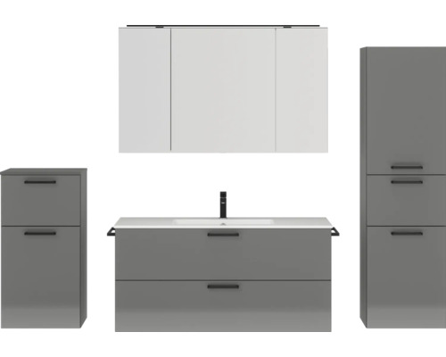 Badmöbel-Set NOBILIA Programm 2 BxHxT 230 x 169,1 x 48,7 cm Frontfarbe grau hochglanz mit Möbel-Waschtisch und Spiegelschrank 3-türig mit LED-Beleuchtung Unterschrank Midischrank Griff schwarz 316 Badezimmermöbelset mit Waschtisch, Spiegelschrank und Hochschränken
