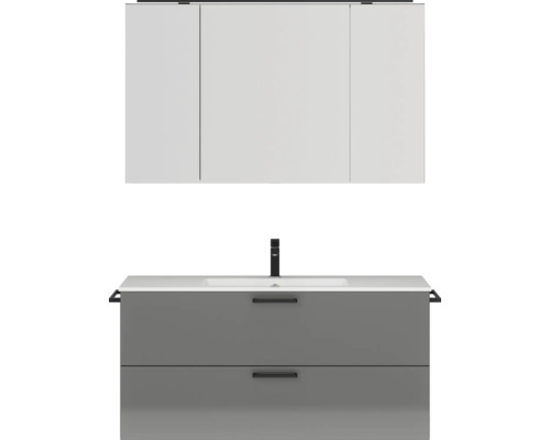 Badmöbel-Set NOBILIA Programm 2 BxHxT 121 x 169,1 x 48,7 cm Frontfarbe grau hochglanz Badmöbelset 2-teilig mit Waschtisch Mineralmarmor weiß und Waschtischunterschrank Mineralguss-Waschtisch Spiegelschrank mit LED-Beleuchtung