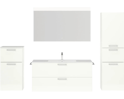 Badmöbel-Set NOBILIA Programm 2 BxHxT 230 x 169,1 x 48,7 cm Frontfarbe weiß hochglanz mit Möbel-Waschtisch weiß und Spiegel mit LED-Beleuchtung Midischrank Unterschrank Griff chrom matt 307