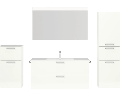 Badmöbel-Set NOBILIA Programm 2 BxHxT 230 x 169,1 x 48,7 cm Frontfarbe weiß hochglanz mit Möbel-Waschtisch weiß und Spiegel mit LED-Beleuchtung Midischrank Unterschrank Griff chrom matt 307 Badezimmermöbelset mit Waschtisch, Spiegelschrank und Hochschränken