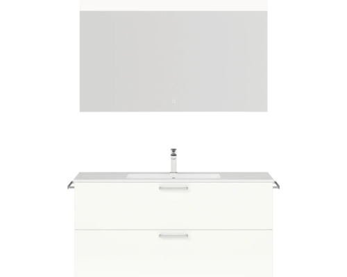 Badmöbel-Set NOBILIA Programm 2 BxHxT 121 x 169,1 x 48,7 cm Frontfarbe weiß hochglanz mit Möbel-Waschtisch weiß und Spiegel mit LED-Beleuchtung Griff chrom matt 291