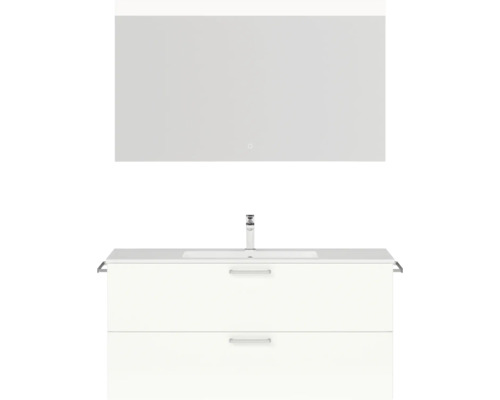 Badmöbel-Set NOBILIA Programm 2 BxHxT 121 x 169,1 x 48,7 cm Frontfarbe weiß hochglanz mit Möbel-Waschtisch weiß und Spiegel mit LED-Beleuchtung Griff chrom matt 291 Waschtischkombination mit Spiegel für das Badezimmer