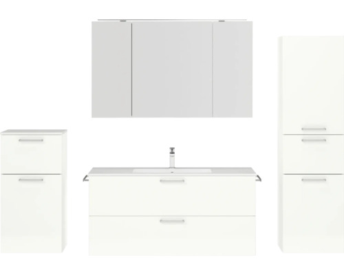Badmöbel-Set NOBILIA Programm 2 BxHxT 230 x 169,1 x 48,7 cm Frontfarbe weiß hochglanz mit Möbel-Waschtisch und Spiegelschrank 3-türig mit LED-Beleuchtung Unterschrank Midischrank Griff chrom matt 315 Badezimmer Set mit Waschbeckenunterschrank, Seitenschrank, Spiegelschrank und Waschtisch