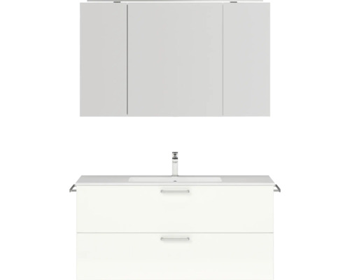 Badmöbel-Set NOBILIA Programm 2 BxHxT 121 x 169,1 x 48,7 cm Frontfarbe weiß hochglanz mit Möbel-Waschtisch und Spiegelschrank 3-türig mit LED-Beleuchtung Griff chrom matt 299